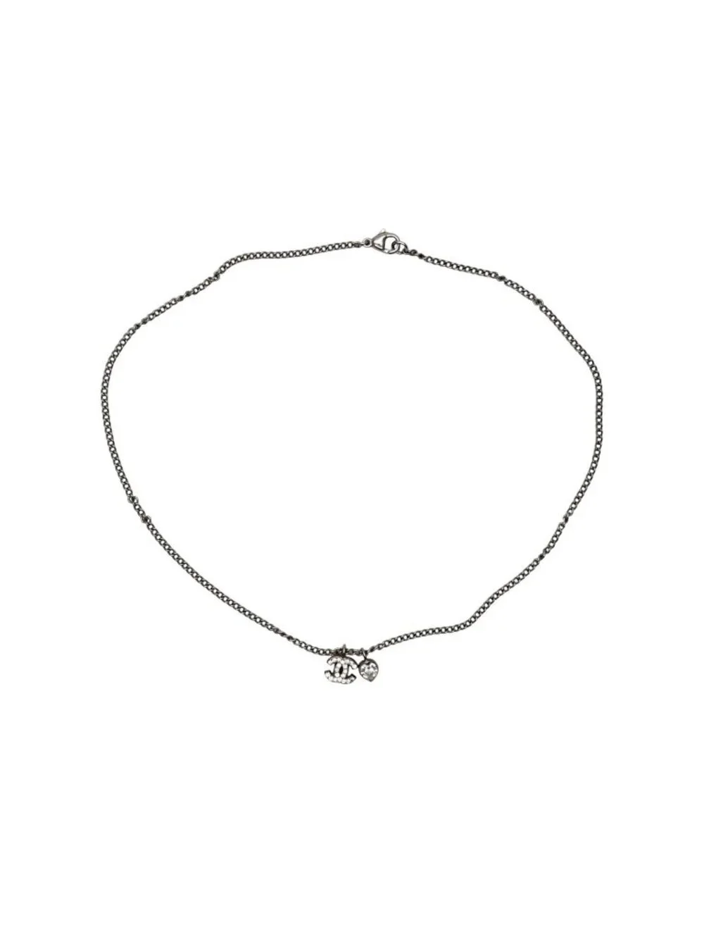 Chanel CC Logo Heart Necklace 04 42 Rhinestone Metal Clear Silver